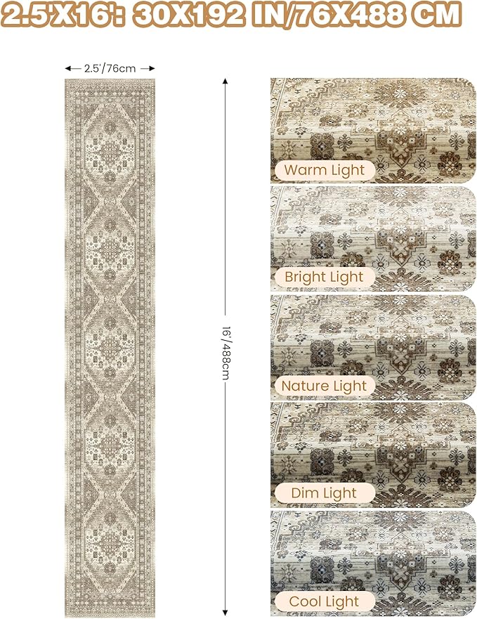 Washable Runner Rug 2.5x16, Non-Slip Long Kitchen Mats for Floor, Vintage Rug for Entryway, Soft Hallway Runner for Dining Room, Bedroom, Living Room(Brown,2.5'x16')