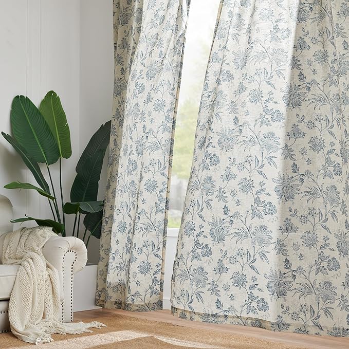 jinchan Linen Floral Curtains for Living Room with Printed Flower 96 Inches Long Light Filtering French Country Back Tab Rod Pocket Blue Window Curtain Set Farmhouse Drapes 2 Panels Blue