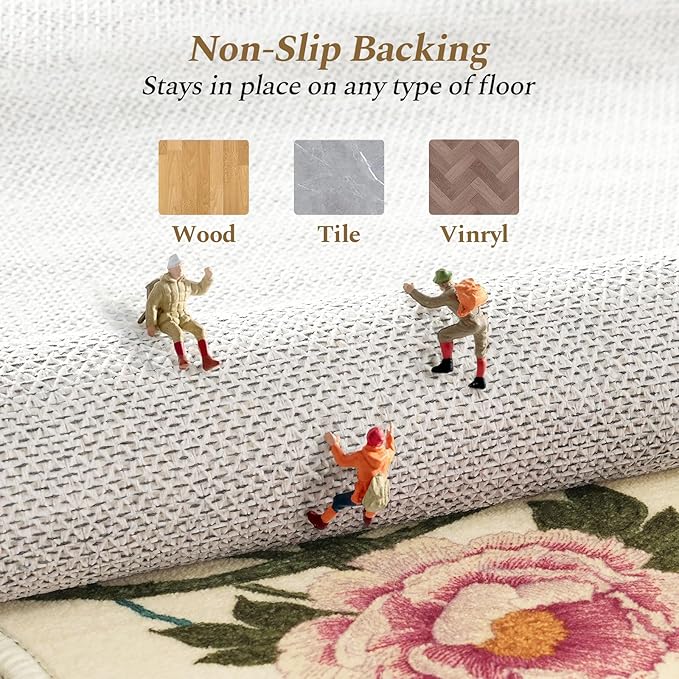 Rugflix 2x6 Runner Rug for Hallway, Washable Kitchen Runner Non Slip, Soft Low Pile Entryway Carpet, Vintage Floral Stain Resistant Long Laundry Room Rugs for Bedroom, Stairs