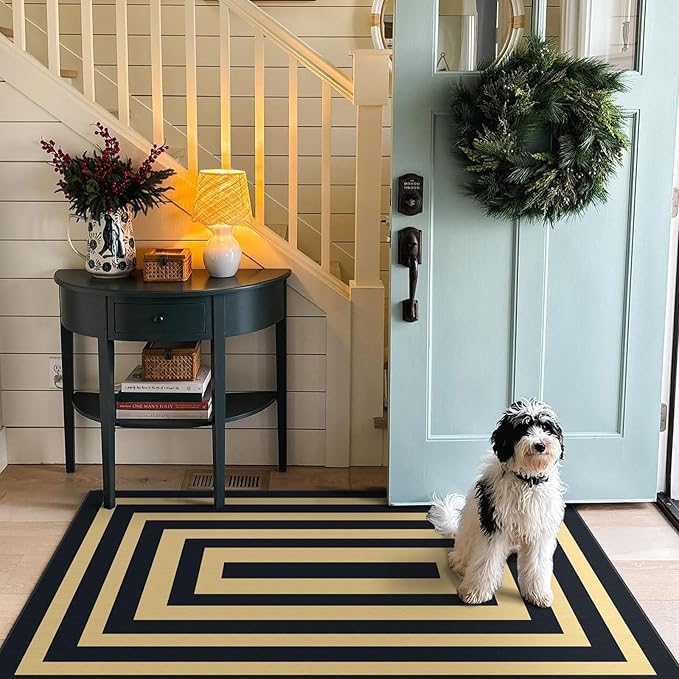 3x5 Modern Entry Rug - Small Washable Indoor Outdoor Mats for Front Door Non-Slip Porch Rug Black Tan Geometric Striped Throw Rugs for Living Room Bedroom Entryway Kitchen Office Porch Decor