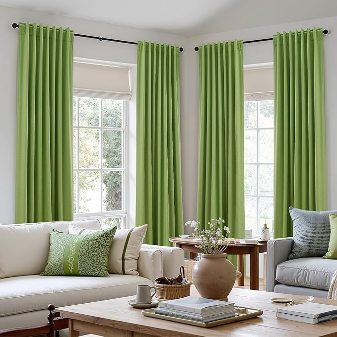 Guken 100% Blackout Curtains 120 Inch Length 2 Panels Set for Living Room Bedroom Back Tab Thermal Insulated Black Out Linen Drapes Room Darkening Lime Green,52x120