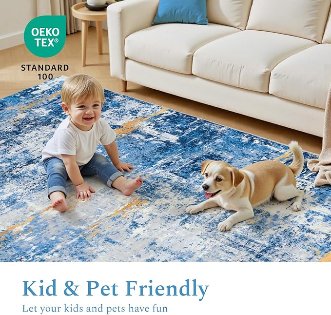 Rugflix 5x7 Area Rugs for Living Room, Washable Large Rug Stain-Resistant Low Pile, Modern Carpet for Dining Room Home Office Kid Room Nursery Bedroom, Blue Gold