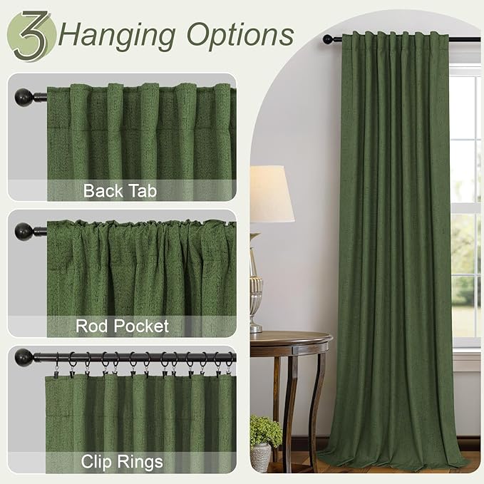 Pitalk Olive Green Blackout Curtains 63 Inch Length 2 Panel for Boys Bedroom Kids Nursery Decorative Linen Room Darkening Grass Forest Green Curtains Sound Draft Cold Heat Light Blocking Retro Vintage