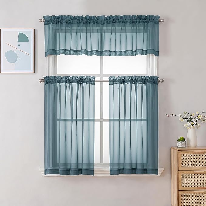 Chyhomenyc Dusty Blue Sheer Curtains 36 inch Length 2 Panels, Light Filtering Voile Short Window Curtians for Bathroom Small Windows, 42Wx36L inches,Stone Blue