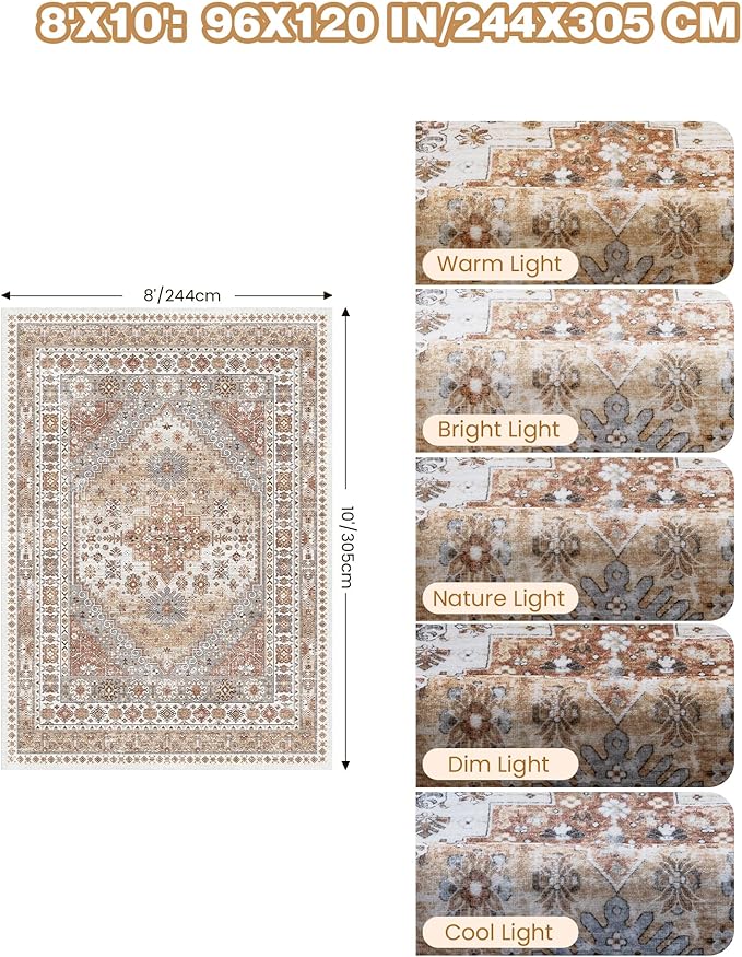 Washable Rugs 8x10 Area Rugs for Living Room, Non-Slip Backing Large Rug for Nursery Room, Vintage Floral Bedroom Rugs, Thin Indoor Home Decor Soft Farmhouse Rug (Orange,8'x10')