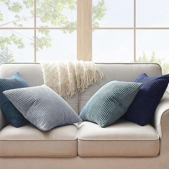 Topfinel Decorative Throw Pillow Covers Aque Teal Blue Gray Series,Summer Corduroy Striped Toss Pillows for Couch,Patio,Balcony,Children Bedroom,Modern Fluffy Blue Gradient Shams 26x26 Inch Set of 4