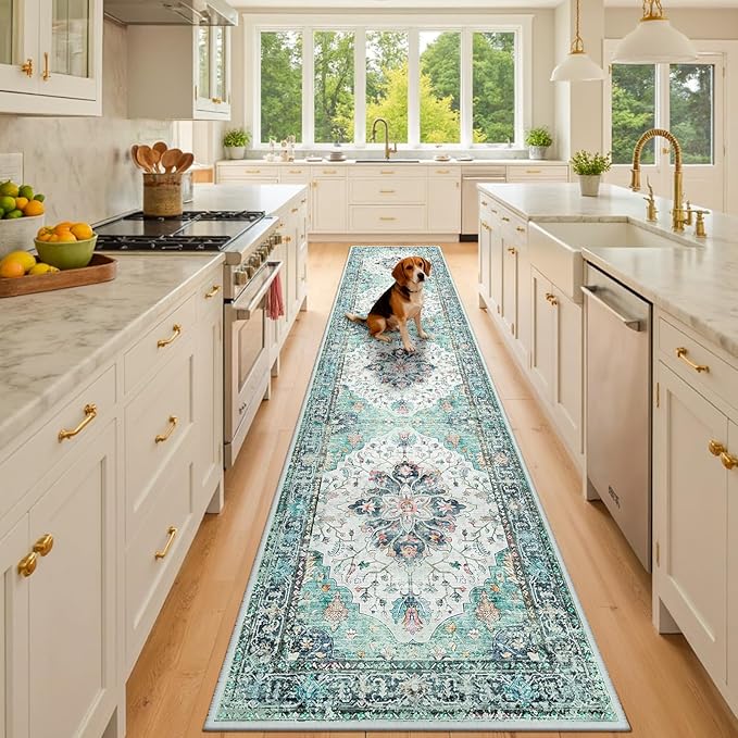 Area Rugs 2'x10' Runner Rug Non Slip Washable for Kitchen Hallway Bedroom Beside Laundry Room Bathroom Rug, Floor Carpet, Green Navy Blue White Red Teal Colorful
