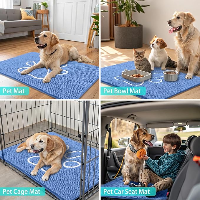 Smiry Dog Door Mat for Muddy Paws, Absorbent Dirt Trapper Non Slip Quick Dry Washable Chenille Mat for Mud Dogs, Entry Rug for Indoor and Outdoor (48x30 Inches, Cornflower Blue)