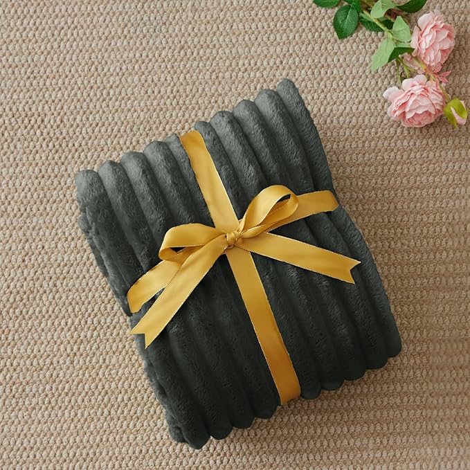 BEDELITE Fleece Throw Blanket for Couch - 300GSM Soft & Warm Fluffy Charcoal Grey Blanket, Decorative and Giftable Striped Blankets for Women, Men, 50"x60"