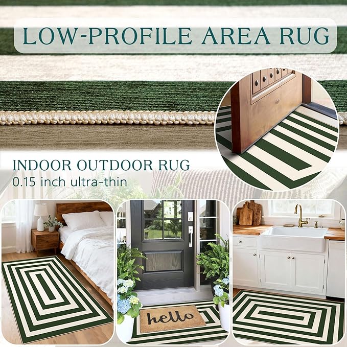 Modern Outdoor Rug - 28" x 43" Front Door Mat Indoor Outside Entrance Non-Slip Washable Outdoor Mat Green White Border Striped Rug for Entryway Kitchen Bedroom Layered Doormat for Front Porch