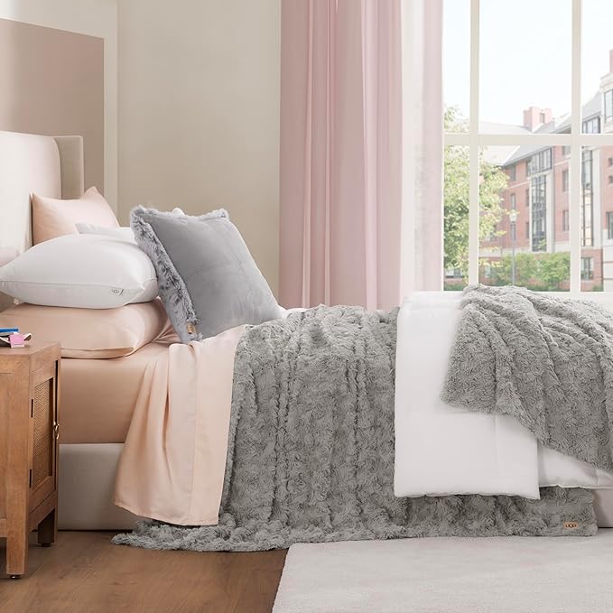 UGG Adalee Faux Fur King Size Blanket, Warm Cozy Blanket, Extra Large Throw for Sofa, Bedding for California King Size Bed, Cute Room Decor, 110" x 90", Seal Grey