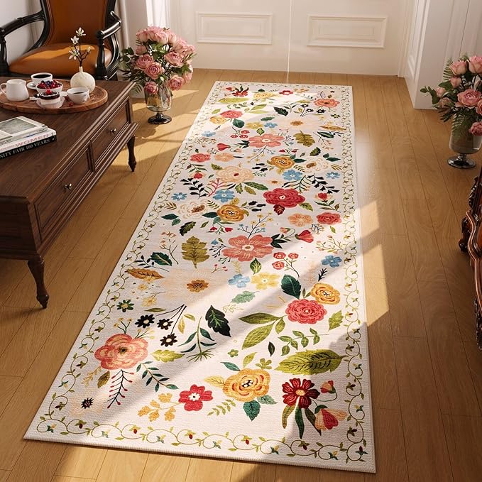 Rugcomf 2x5 Rug Runner - Floral Machine Washable Kitchen Rug, Non-Slip Low Pile Boho Carpet for Hallways, Laundry, Entryway, Bedroom, Bathroom - Beige
