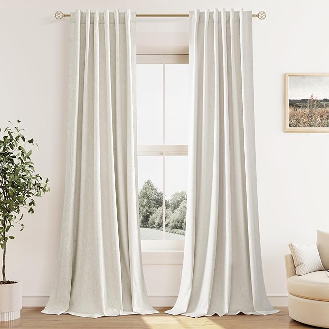 Guken 100% Blackout Cream Linen Curtains 52 Inch Wide by124 Inch 2 Panels Set for Living Room Bedroom Back Tab Thermal Insulated Black Out Linen Drapes Room Darkening Window Curtains