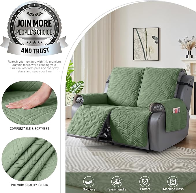 TAOCOCO 100% Waterproof Loveseat Recliner Covers 2 Seater, Split Loveseat Covers for Reclining loveseat, Non Slip Reclining Couch Cover with Double Straps for Kids, Pets(2 Seater, Bean Green)