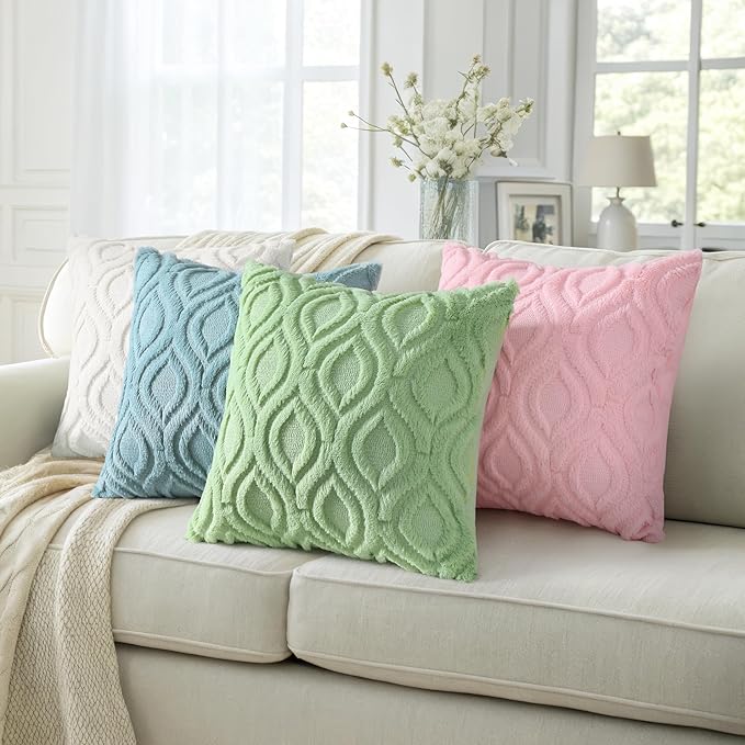 decorUhome Summer Throw Pillow Covers 16x16 Inch Set of 2, Soft Plush Faux Wool Light Sage Green Solid Couch Pillow Covers, Accent Farmhouse Neutral Square Pillow Cases for Sofa Bed Living Room