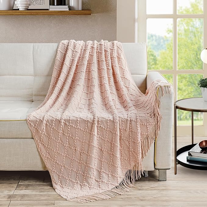 BOURINA Pink Throw Blanket 50 x70 Inches Jacquard Argyle Throw Textured Solid Soft Throws and Blankets for Sofa or Bed Knitted Decorative Blanket