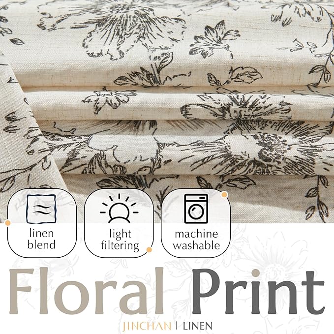 jinchan Floral Linen Lined Curtains for Living Room 84 Inches Long Farmhouse Printed Back Tab Drapes French Country Black Peony Patterned Bedroom Window Curtains Set 2 Panels