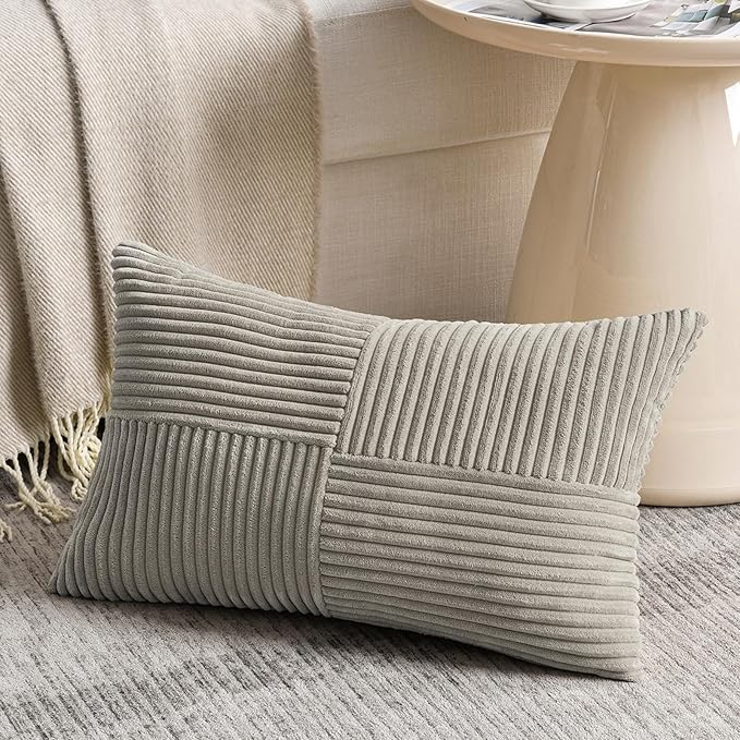 Fancy Homi 2 Packs Neutral Grey Lumbar Decorative Throw Pillow Covers 14x22 Inch for Living Room Couch Bed Sofa, Farmhouse Home Decor, Soft Striped Corduroy Rectangle Accent Cushion Case 35x55 cm