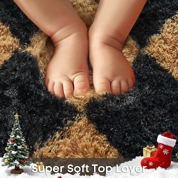 Ophanie Checkered Black & Beige Rhombus Rugs for Living Room Bedroom, Fluffy Soft Cute Fuzzy Area Rug, Plush Shaggy Bedside Floor 4x6 Furry Carpet for Kids Baby Teen Dorm Nursery Home Decor Aesthetic