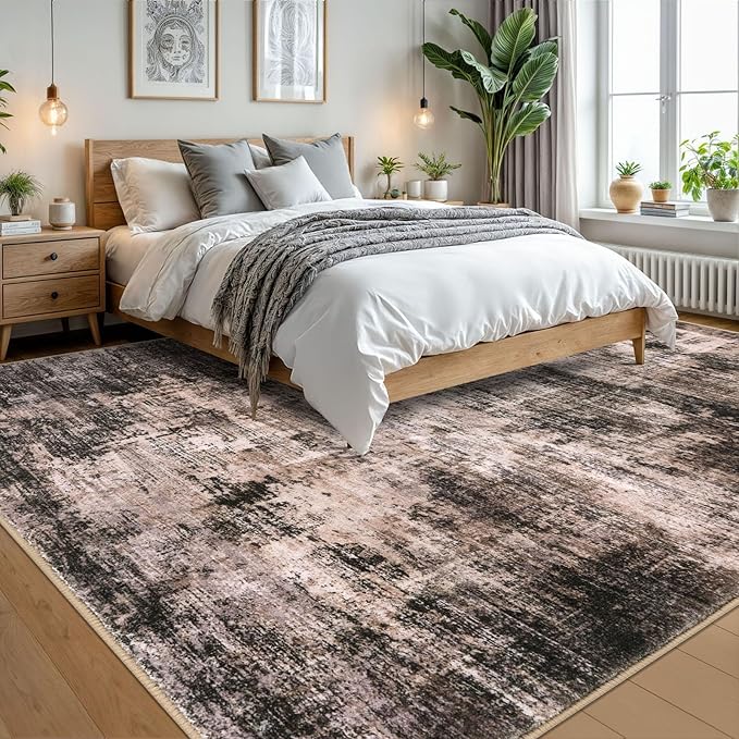 IOHOUZE Abstract Area Rugs 9x12 Ft Washable Large Rugs for Living Room, Non Slip Dining Room Rug, Printed Faux Wool Rugs for Bedroom, Floor Carpet for Office Nursery Playroom, Brown/Rust