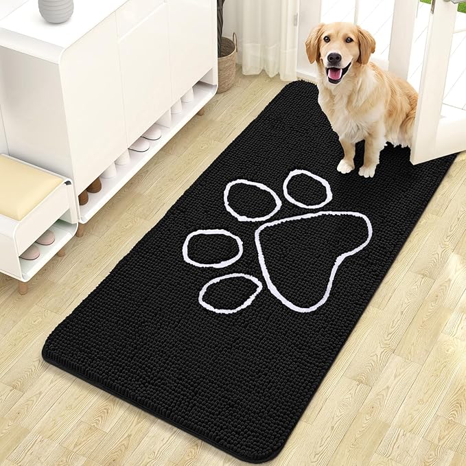 OLANLY Dog Door Mat for Muddy Paws 47x24, Paw Print Design, Absorbs Moisture and Dirt, Absorbent Non-Slip Washable Doormat, Quick Dry Chenille Mud Mat for Dogs, Entry Indoor Entryway Carpet, Black