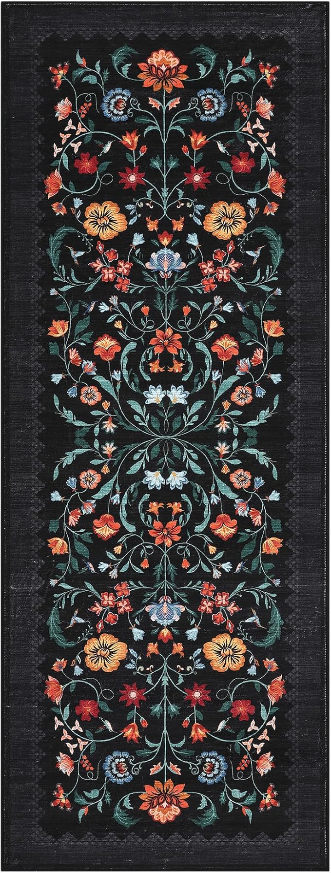 GarveeHome Floral Rug 2.5x10 Runners for Hallways, Boho Kitchen Runner Rugs Non Slip Bath Runners, Vintage Washable Runner Rug for Bedroom, Soft Long Rugs for Entryway Bathroom Laundry Dorm, Black