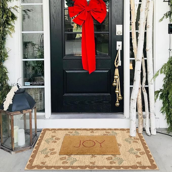 Front Door Mat Outside Entrance - 2x3 Floral Non-Slip Washable Doormat Indoor Outdoor Mat Jute-Look Farmhouse Tan Scalloped Entry Rug Small Throw Rugs for Entryway Kitchen Front Porch Decor
