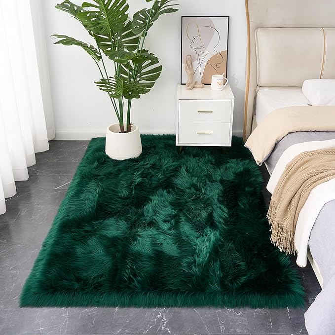 EasyJoy Ultra Soft Fluffy Shaggy Area Rug Faux Fur Rug Chair Cover Seat Pad Fuzzy Area Rug for Bedroom Floor Sofa Living Room (4 x 6 ft Rectangle, Dark Green)
