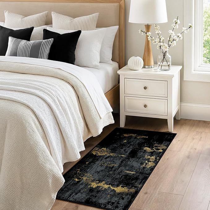 Washable Area Rugs 2'x5' Non-Slip Modern Abstract Soft for Living Room Entryway Bedroom Nursery, Print Pattern, Dark Black Gold