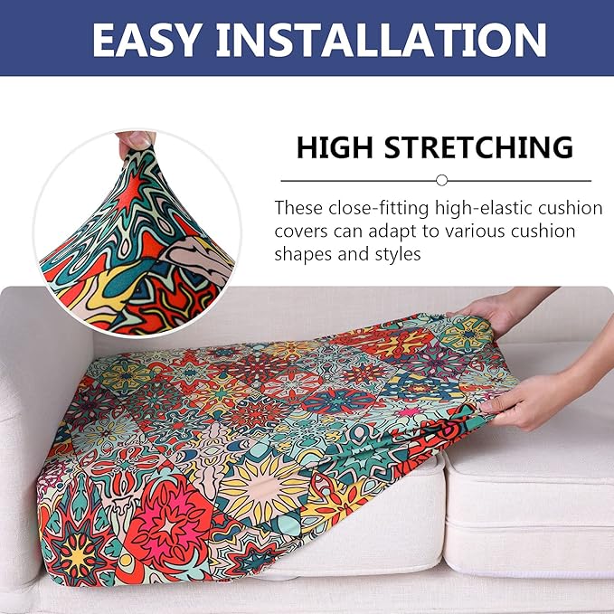 hyha Printed Couch Cushion Covers, Floral Sofa Covers Washable for Cushion Couch, Stretch Pattern Outdoor Cushion Covers for Patio Furniture with Elastic Bottom(Small, Diamond Mandala)