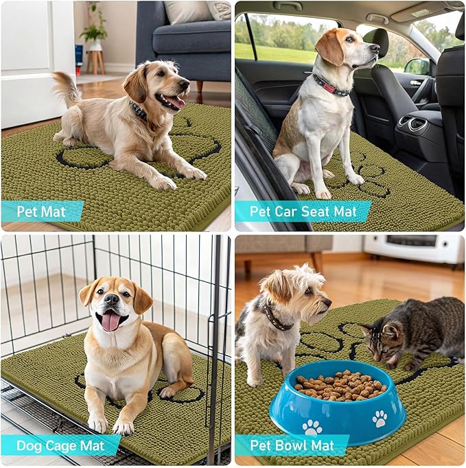 OLANLY Dog Door Mat for Muddy Paws 30x20, Paw Print Design, Absorbs Moisture and Dirt, Non-Slip Washable Doormat, Quick Dry Chenille Mud Mat for Dogs, Entry Indoor Entryway Carpet, Willow Green