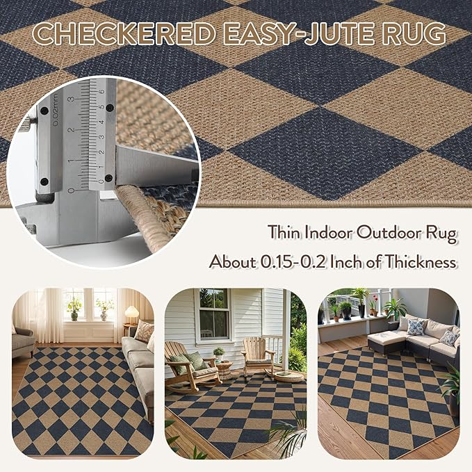 Lahome Colette Checkered Easy Jute Washable Rug, 5x7 Area Rugs for Living Room Nature Large Dining Room Carpet, Farmhouse Geometric Non Slip Indoor Outdoor Carpet for Office Bedroom Backyard Patio