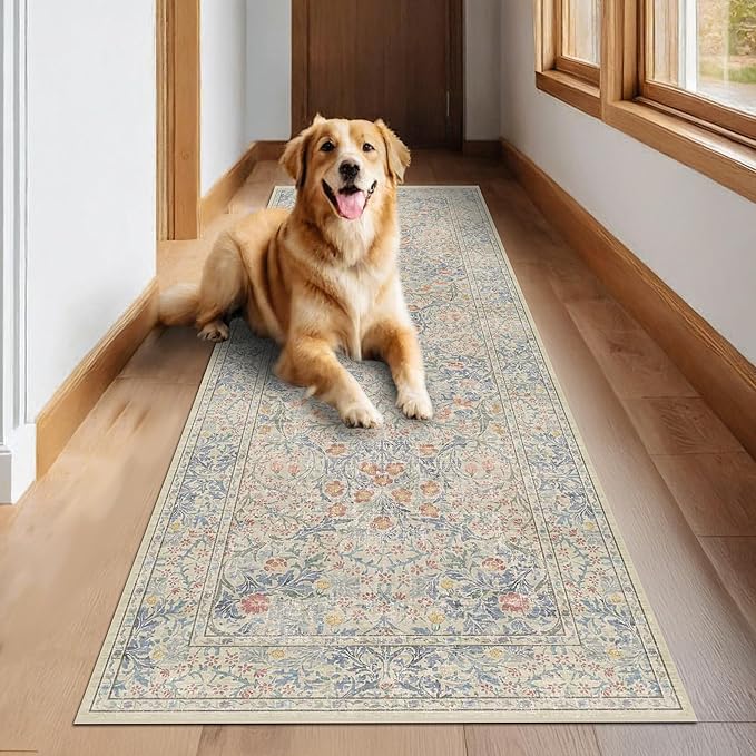 Hazo Haus Floral 3x8 Wide Hallway Runner - Beige Blue with Lilic Accent, Boho Forest Decor, Washable Low Pile Non Slip Stain Resistant Rug for Long Kitchen, Large Bathroom, Hall Way