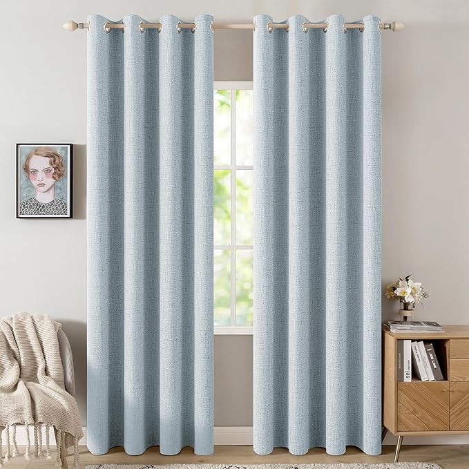 MIULEE Linen Textured Curtains Solid 100% Blackout for Bedroom Thermal Insulated Chambray Blue Grommet Room Darkening Curtains & Drapes Luxury Decor for Living Room Nursery 52 x 72 Inch (2 Panels)
