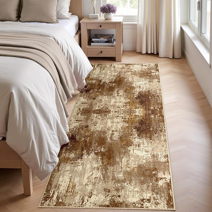 Washable Area Rugs 2'x6' Non-Slip Modern Abstract Soft for Living Room Entryway Bedroom Nursery, Print Pattern, Brown Tan Beige Coffee
