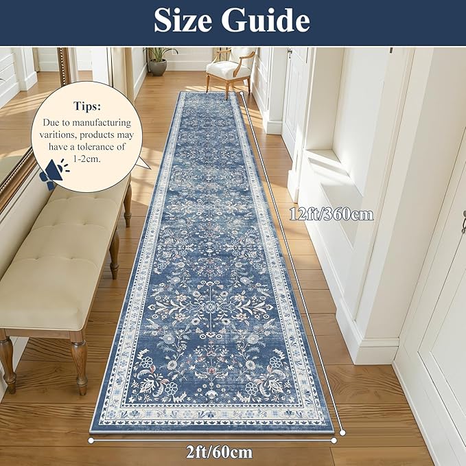 Yamaziot Washable Runner Rug 2x12 – Floral Non Slip Boho Hallway Runner Rug with Rubber Backing, Low Pile Faux Wool Distressed Carpet for Kitchen, Laundry, Bedroom, Entrance, Blue
