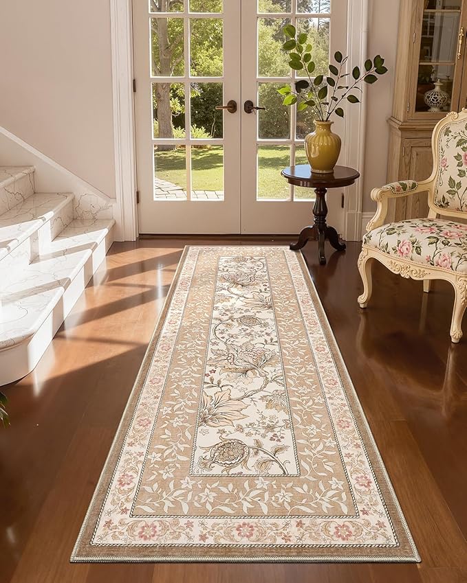 GarveeHome Provence 2x6 Washable Kitchen Runner Rugs Non Slip Vintage Boho Cottage Long Rug for Hallways Bedroom Entryway Bathroom Mat with Rubber Back Pinkish Brown