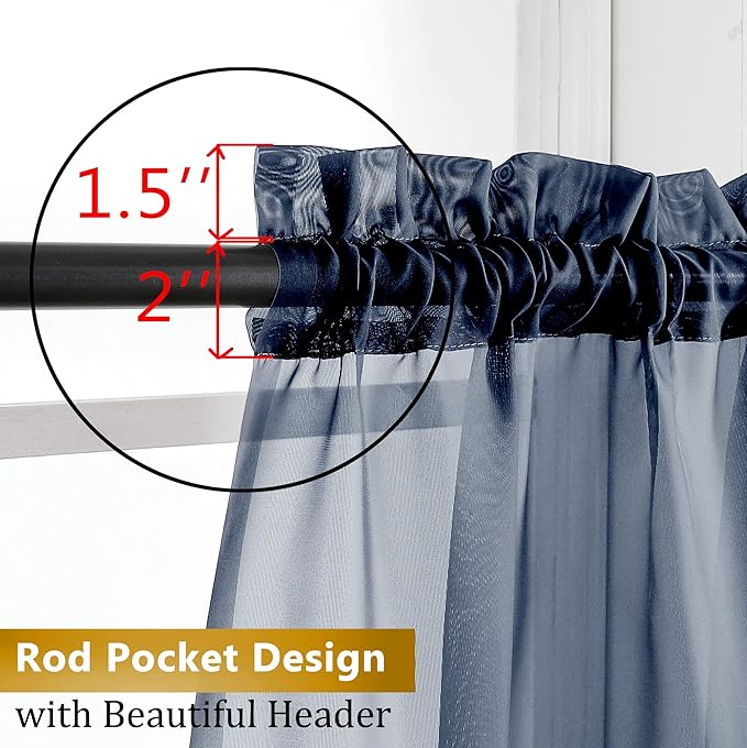Aiyufeng 2 Piece Dark Blue Extra Long Sheer Curtains 120 Inch Length, Light Filtering Kitchen Curtain for Window, Voile Top Dual Rod Pocket, 2 x 40 W x 120" L