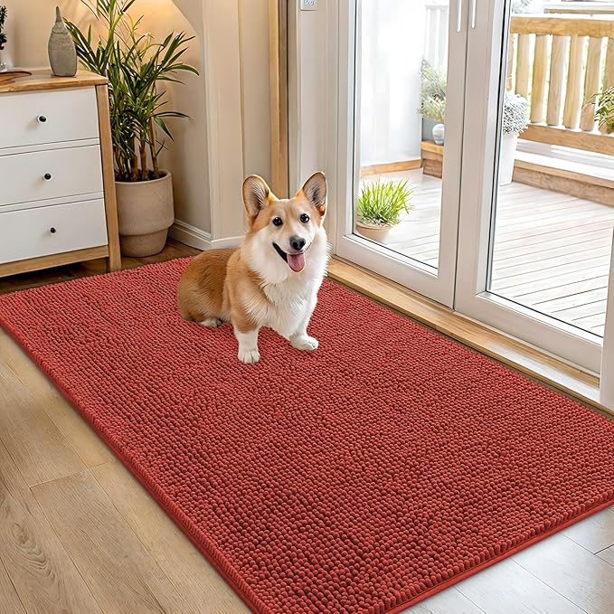 OLANLY Dog Door Mat for Muddy Paws 54x32, Absorbs Moisture and Dirt, Absorbent Non-Slip Washable Doormat, Quick Dry Chenille Mud Mat for Dogs, Entry Indoor Entryway Carpet for Inside Floor, Maple Red