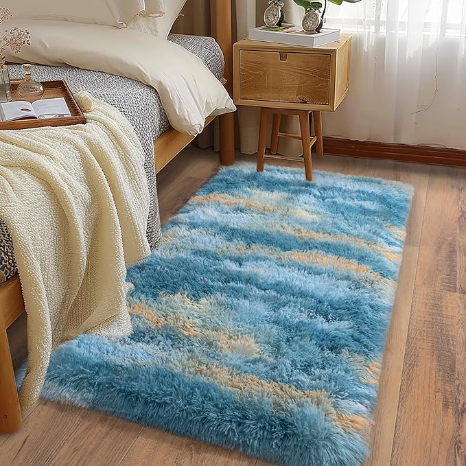 Soft Runner Rugs for Bedroom Hallways, 2x4 Abstract Blue Fluffy Shag Throw Area Rug Non Slip for Bedside Dorm, Long Shaggy Furry Carpet for Nursery Living Room
