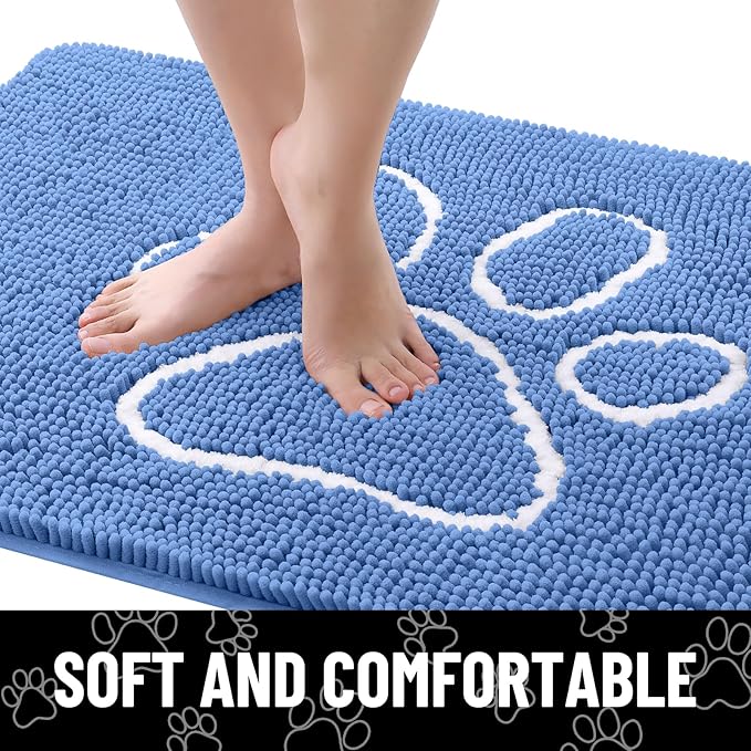 Smiry Dog Door Mat for Muddy Paws, Absorbent Dirt Trapper Non Slip Quick Dry Washable Chenille Mat for Mud Dogs, Entry Rug for Indoor and Outdoor (30x20 Inches, Cornflower Blue and White)