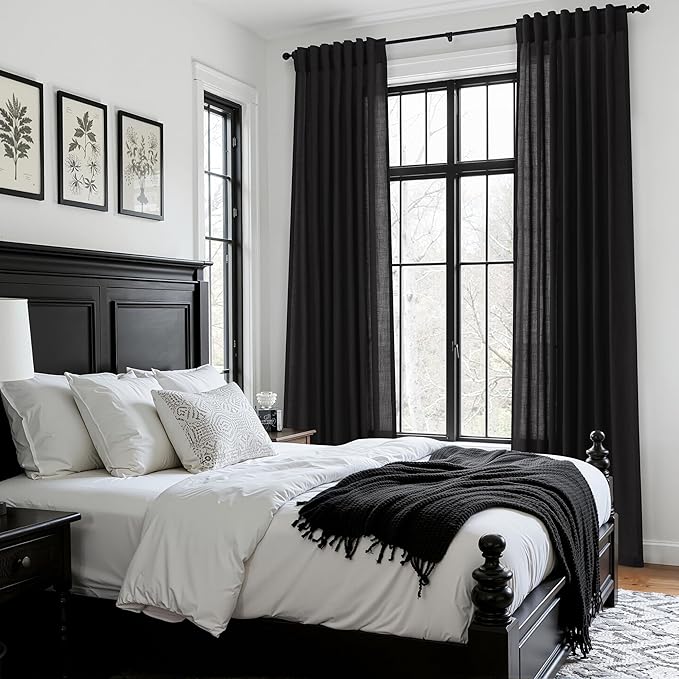 Vintage Black Linen Curtains for Living Room 120 Inches Long Light Filtering Semi Sheer Curtain Back Tab Floor to Ceiling High Window Gothic Vintage Decor Drapes for Bedroom Office 52x120,2 Panels
