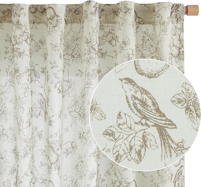 jinchan Linen Floral Curtains for Living Room 84 Inch Length Taupe Printed Flower French Country Curtain Farmhouse Cottage Core Toile Curtains Back Tab Light Filtering Window Drapes Set 2 Panels