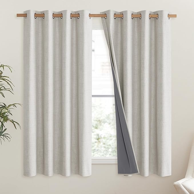 NICETOWN Snowbound Vintage Linen 100% Blackout Curtains for Living Room, Thermal Insulated Curtains 48" Long, Noise Reducing Window Treatment Drapes for Hall Room, 52" Wide Per Panel, Set of 2