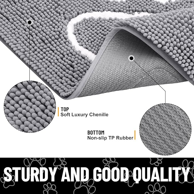 Smiry Dog Door Mat for Muddy Paws, Absorbent Dirt Trapper Non Slip Quick Dry Washable Chenille Mat for Mud Dogs, Entry Rug for Indoor and Outdoor (30x20 Inches, Grey and White)