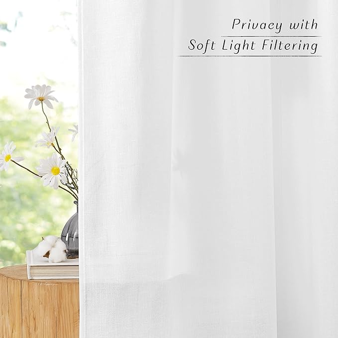 NICETOWN Linen Curtains 96 inches Long for Living Room, Grommet Semi Sheer Drapes Linen Weave Window Treatments Privacy Added with Light Filtering for Bedroom, White, W34 x L96, 2 Panels