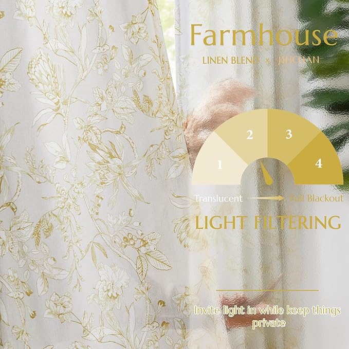 jinchan Floral Curtains 96 Inches Long Mustard Yellow Flower Linen Farmhouse Curtain for Living Room French Country Vintage Curtain Rod Pocket Curtains Set 2 Panels Floral Printed