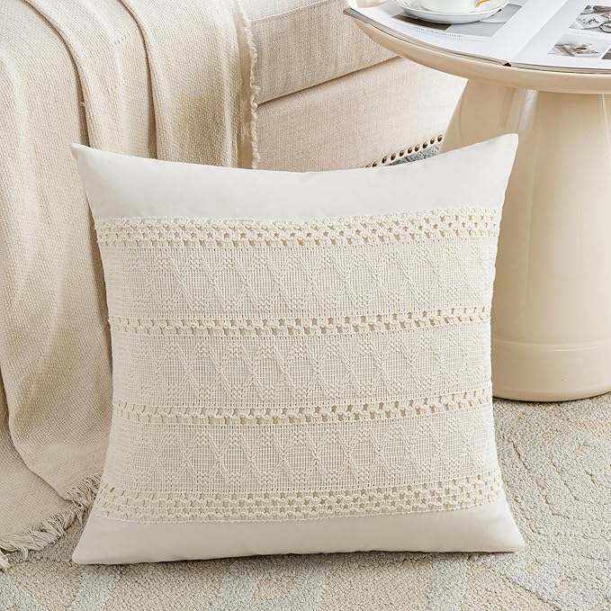 Fancy Homi Set of 1 Boho Cream Decorative Throw Pillow Cover 18x18 Inch for Couch Bed Sofa, Aesthetic Modern Organic Farmhouse Home Decor, Soft Cotton Cute Accent Macrame Woven Cushion Case