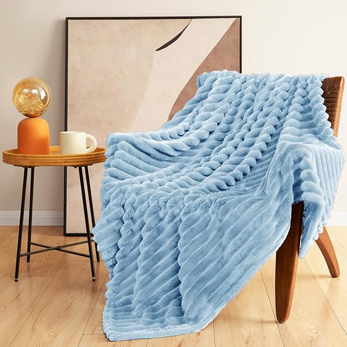 HIMEET Light Blue Ribbed Throw Blanket for Couch - 300GSM Lightweight Soft Fleece Blanket for Women Men, Cozy Blankets for Mothers Gifts, Striped Spring Home Room Decor, Light Blue, 50x60 Inches