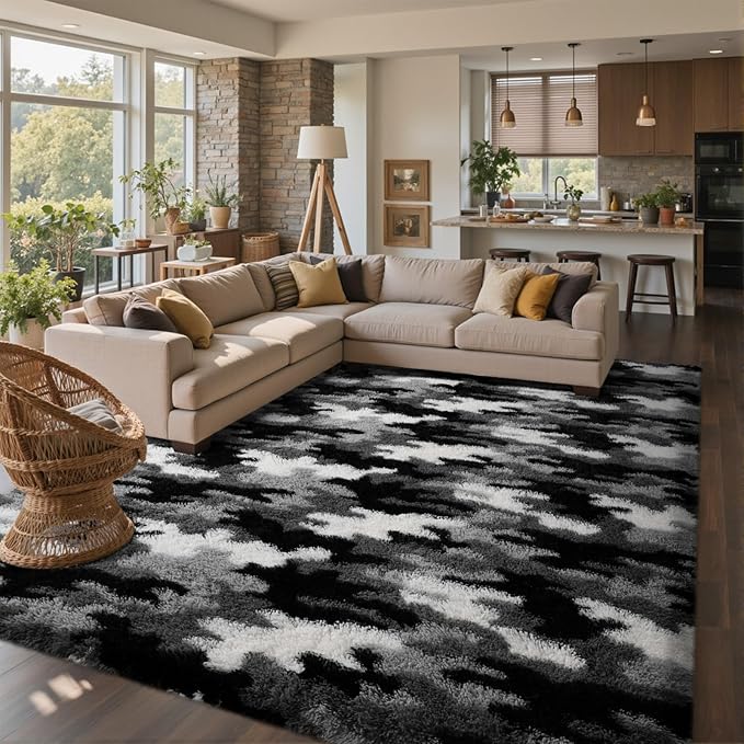 8x10 Ft Extra Large Shag Rugs for Living Room, Tie Dyed Ultra Soft Fluffy Furry Area Rugs for Bedroom Indoor Floor, Aesthetic Carpet for Kids Home Decor (Grey)